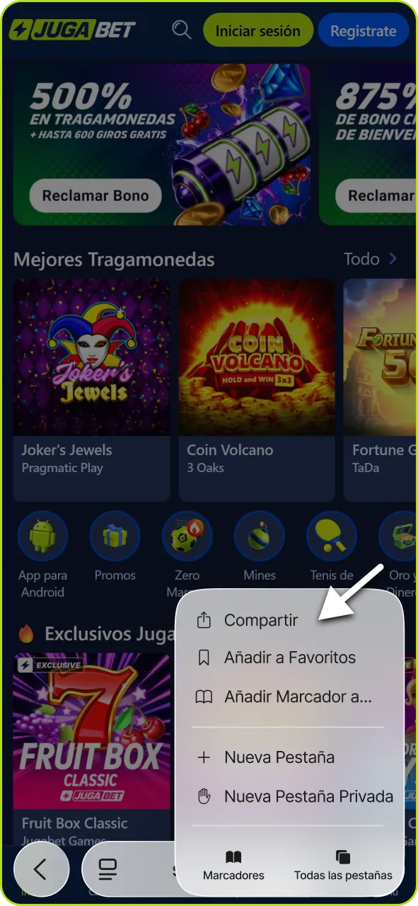 Abre el menú de compartir en tu navegador Safari para configurar Jugabet.