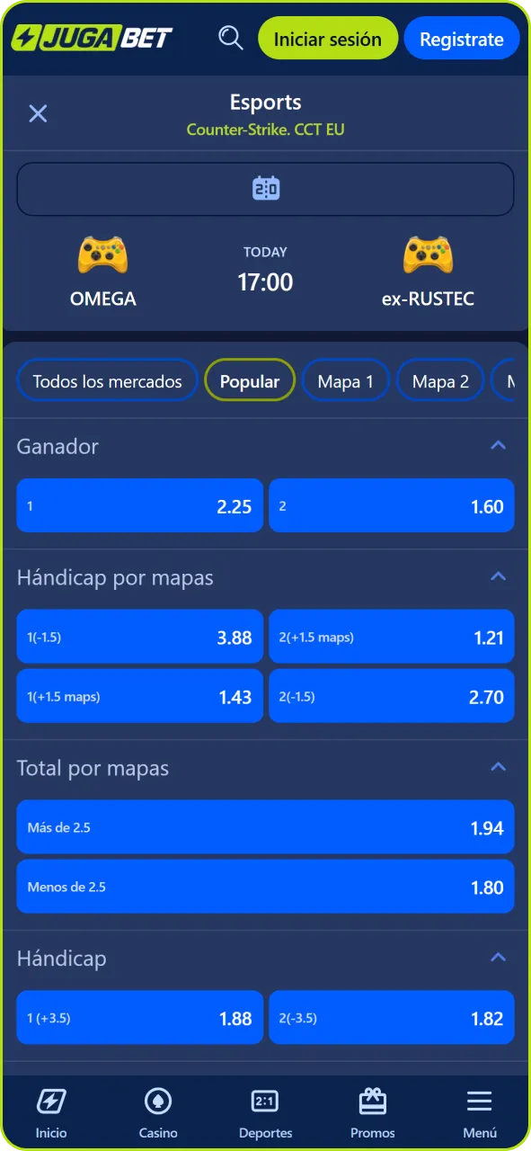 Elige tu partido de eSports favorito dentro de la sección de apuestas de Jugabet.