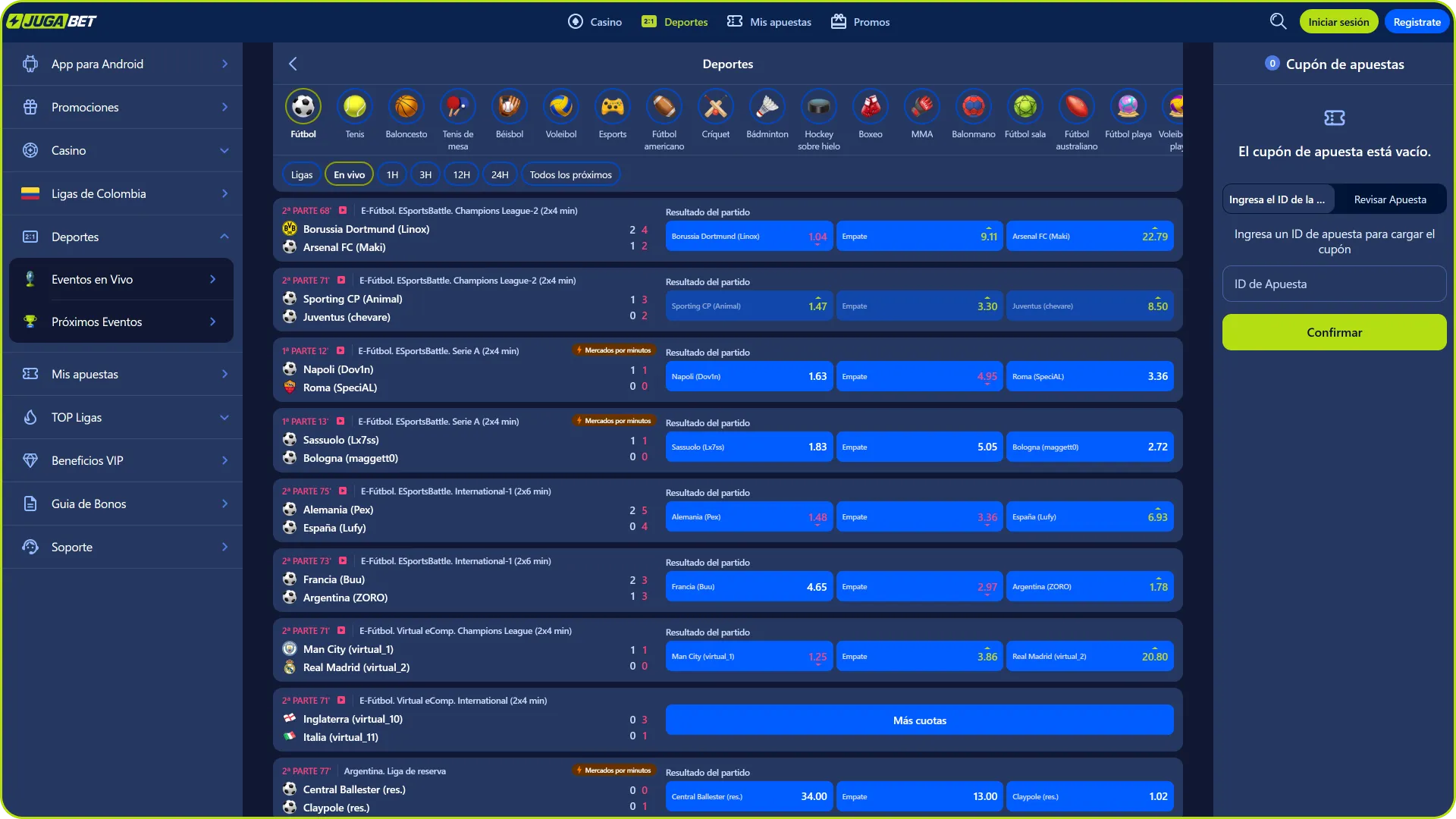 Apuesta en la sección de deportes de Jugabet para aprovechar las cuotas en vivo.