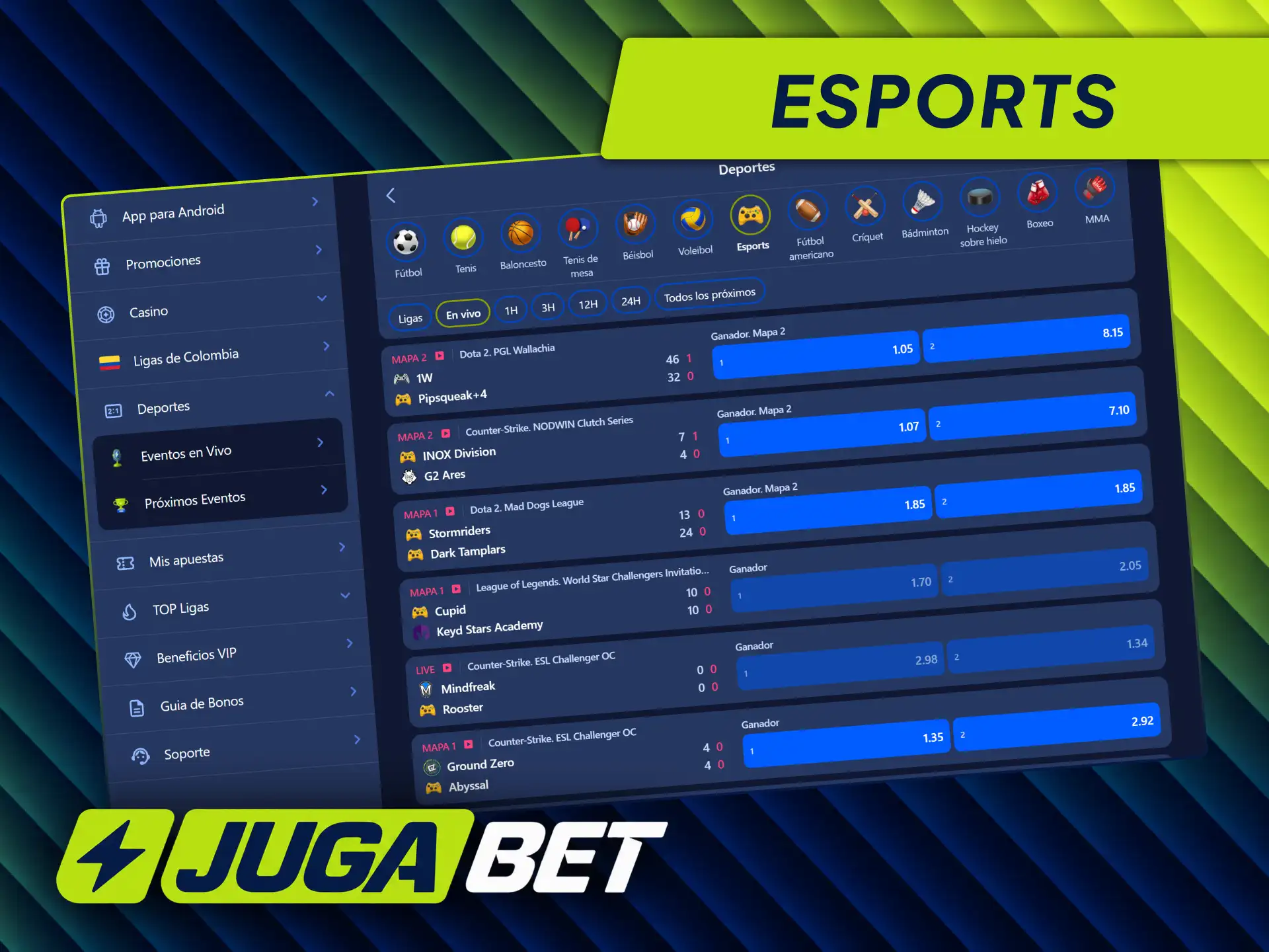 Explora la sección de apuestas de eSports en Jugabet Colombia y apoya a tu equipo.