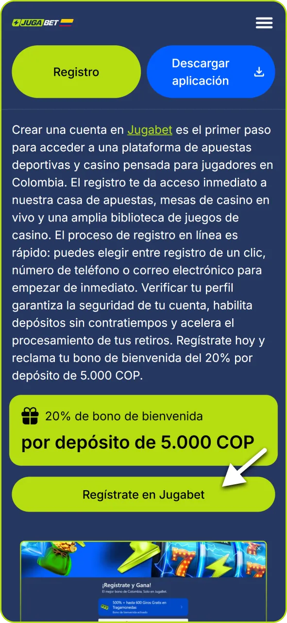 Descargá la aplicación de Jugabet desde tu celular para crear tu cuenta en Colombia.