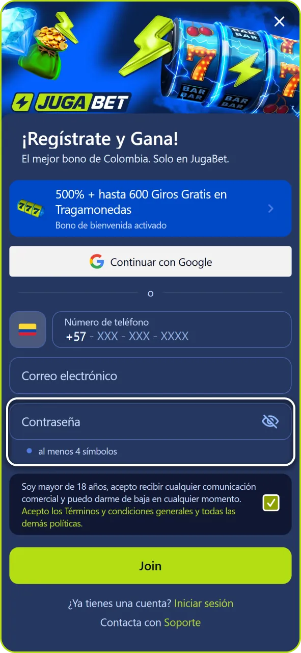 Proporcioná los datos de tu cuenta en la app de Jugabet para continuar.