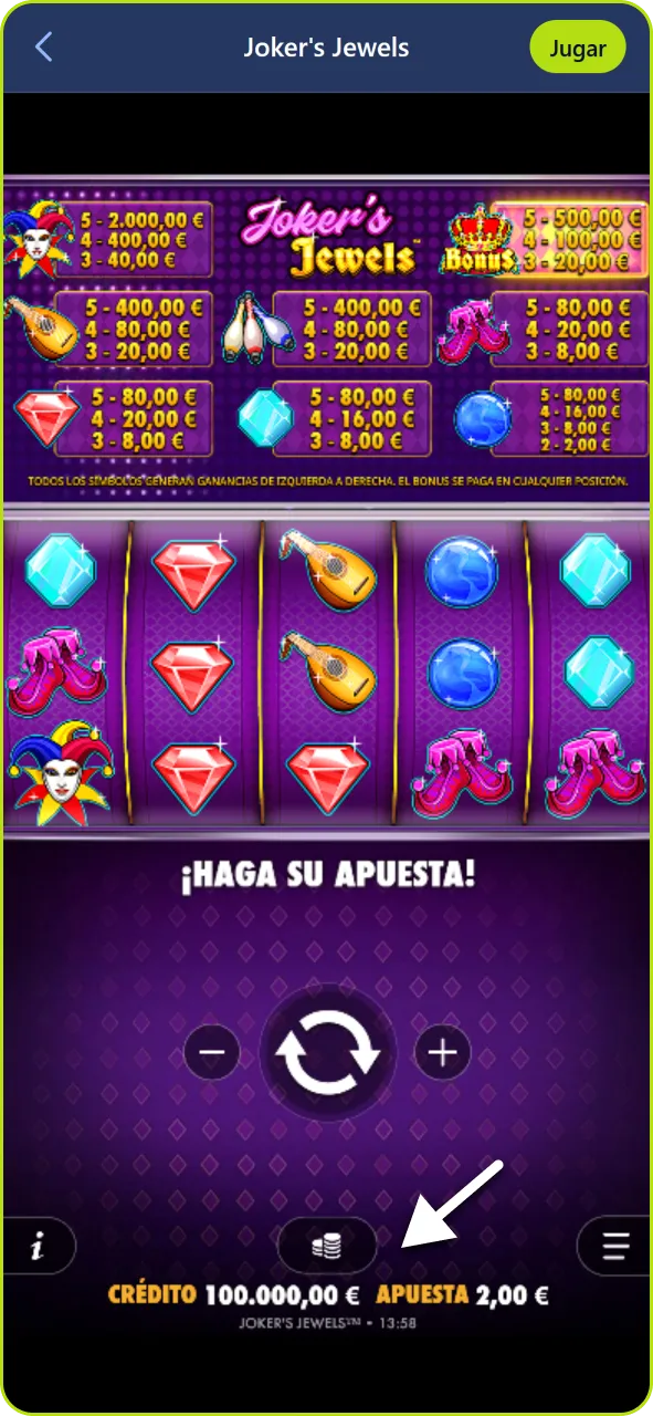 Configura el monto de tu apuesta por giro según tus preferencias en Jugabet.